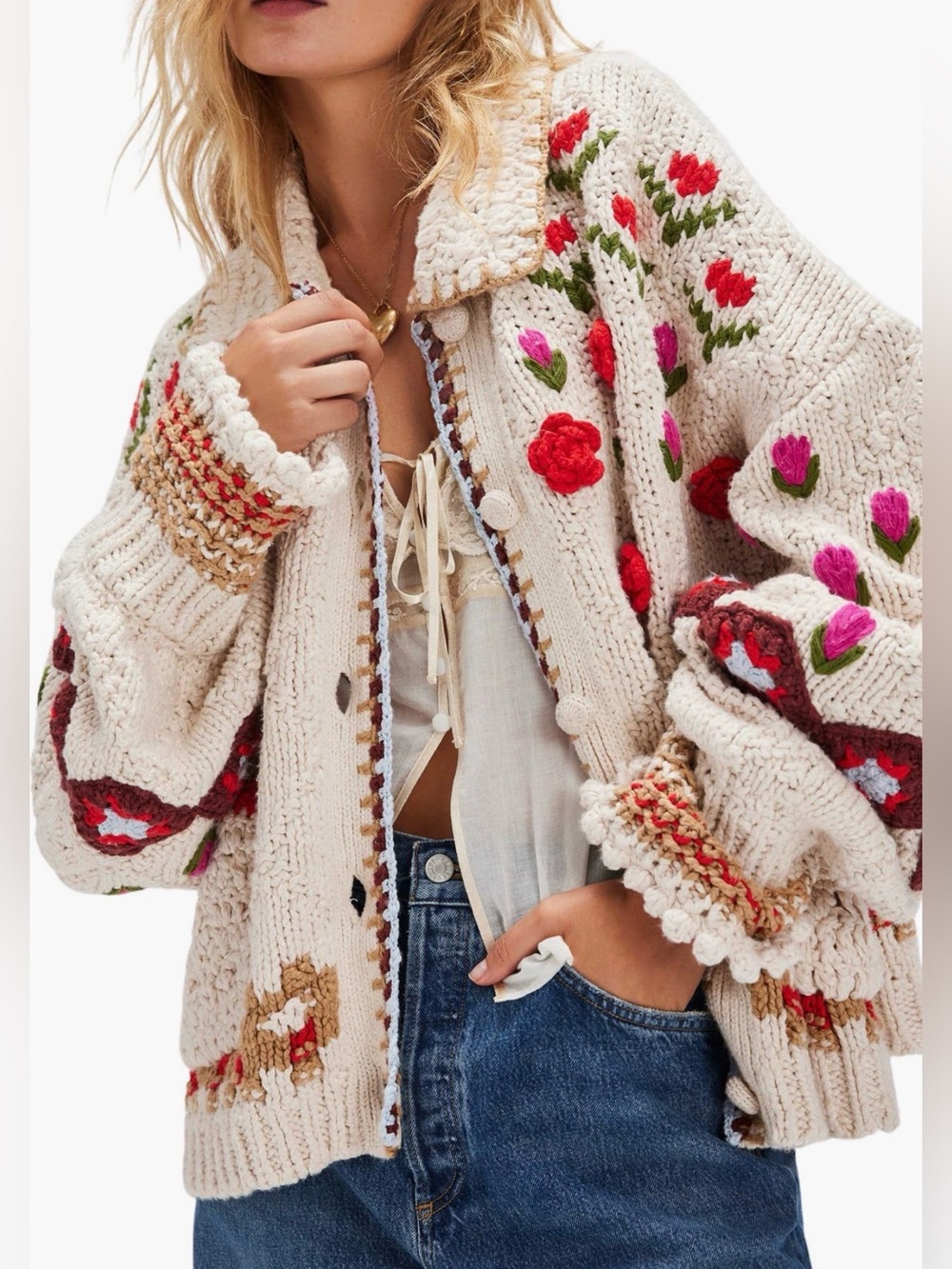 FREE PEOPLE CARDIGAN ROSEBUD CROCHET OVERSIZE SWEATER SIZE XL NWT